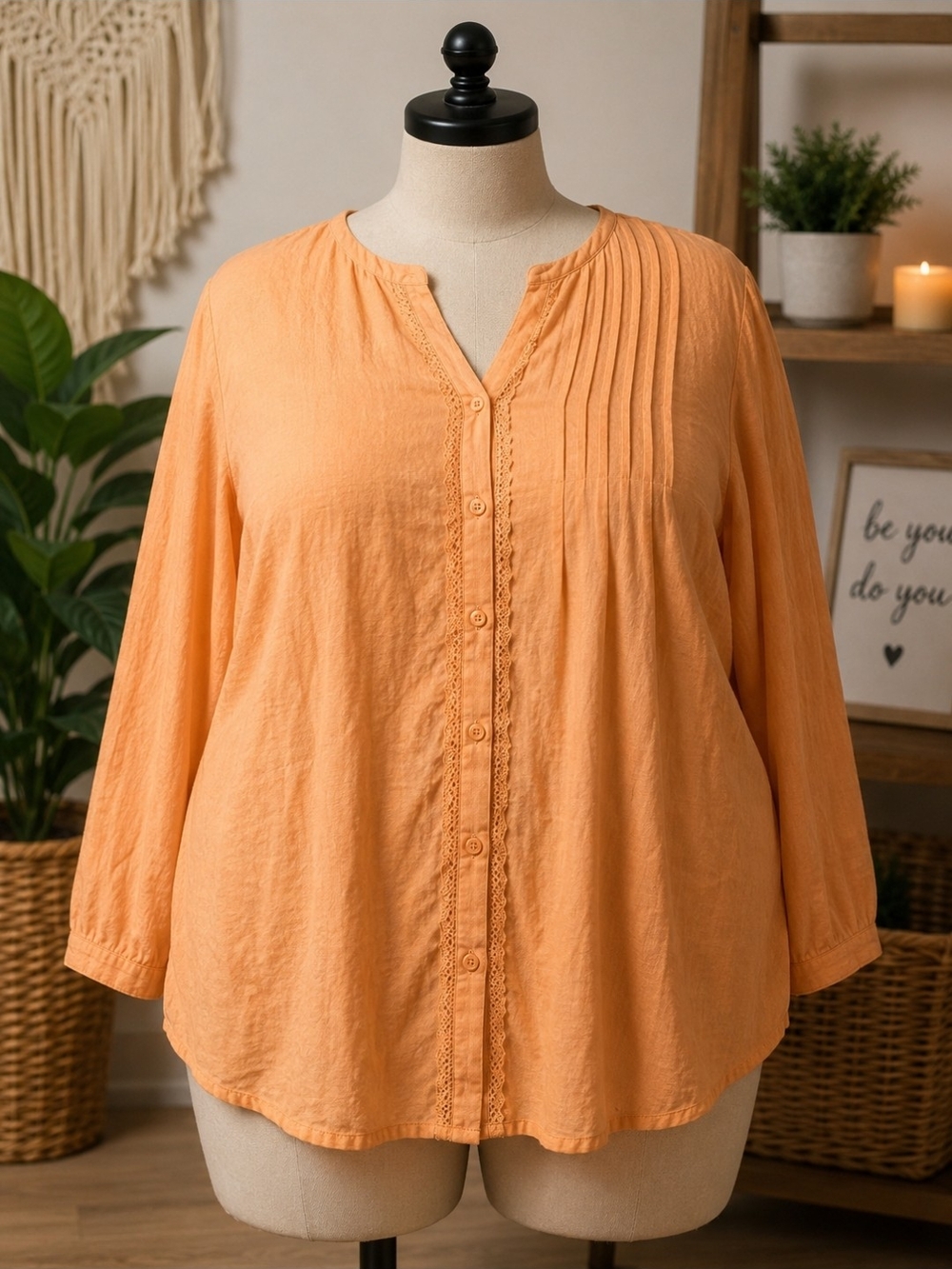 Valerie Bertinelli Peach Button-Front Pintuck Blouse